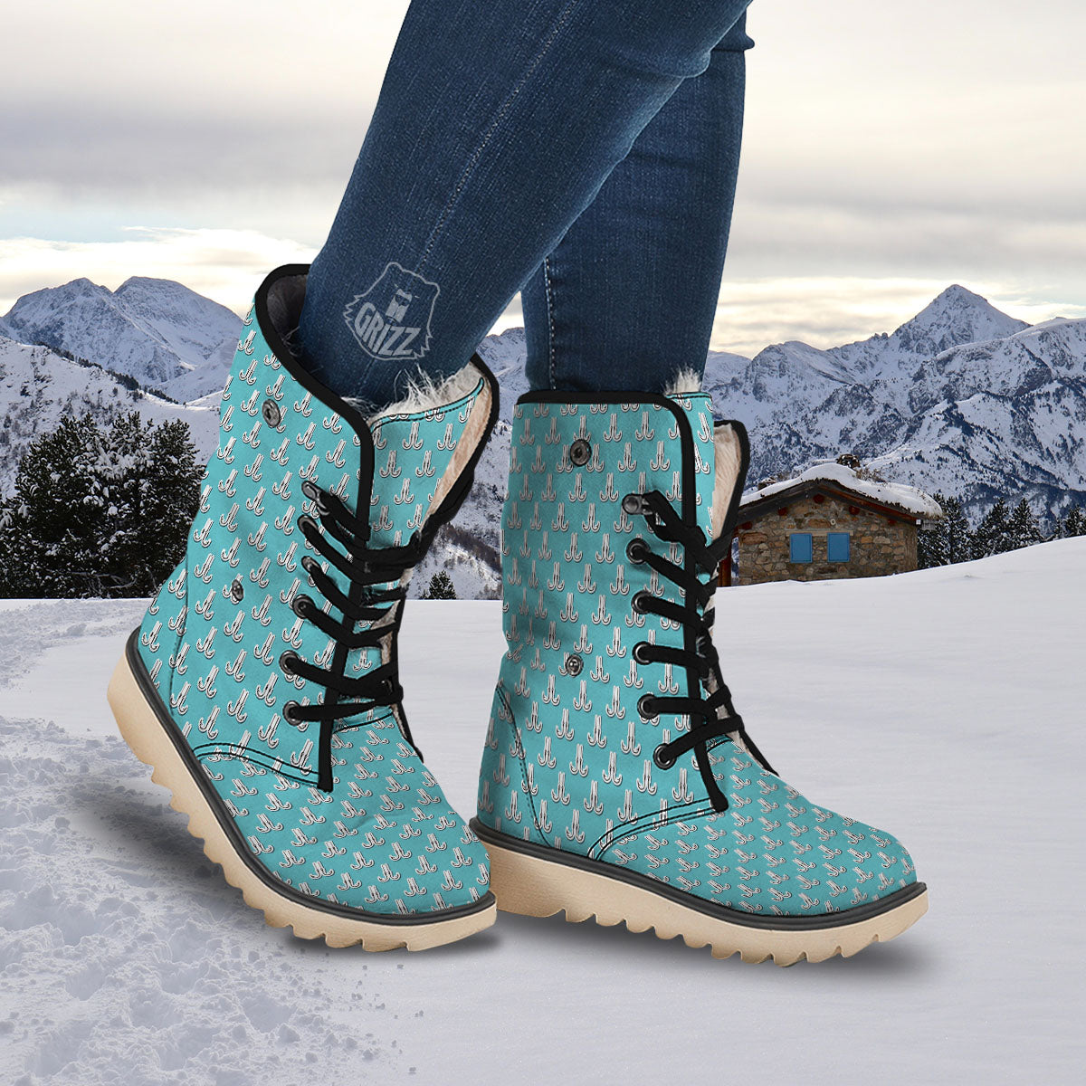 Blue Fish Hook Print Pattern Snow Boots-grizzshop