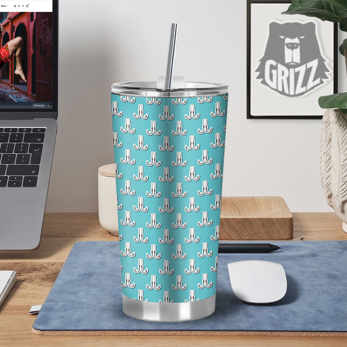 Blue Fish Hook Print Pattern Tumbler-grizzshop