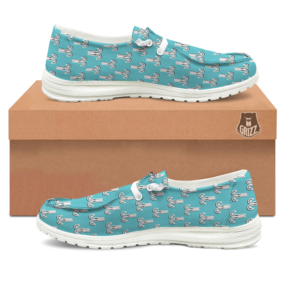 Blue Fish Hook Print Pattern White Loafers-grizzshop