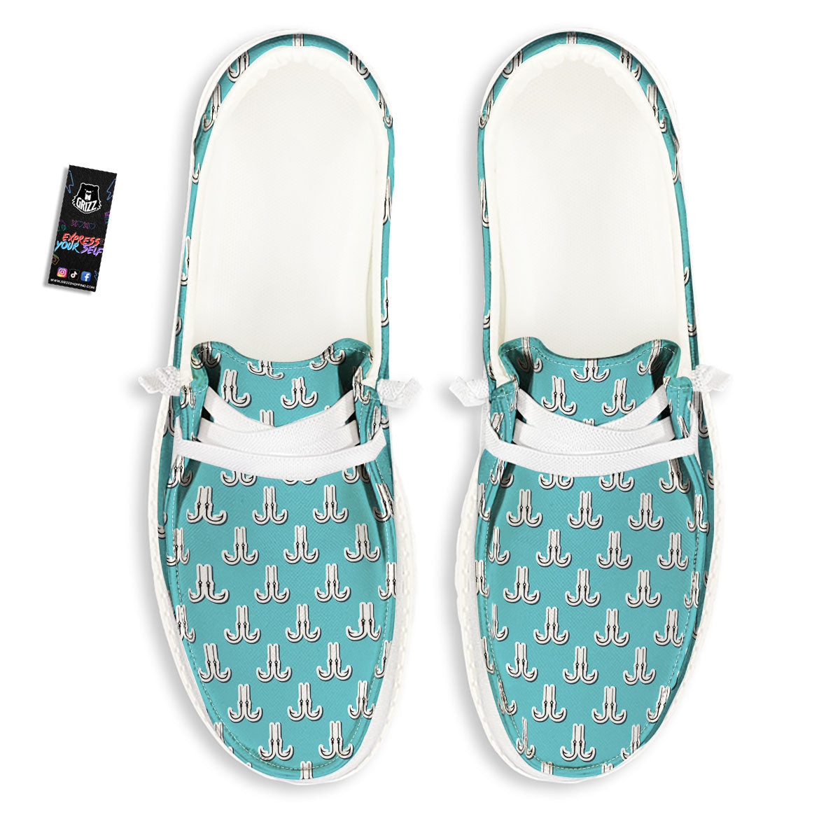 Blue Fish Hook Print Pattern White Loafers-grizzshop