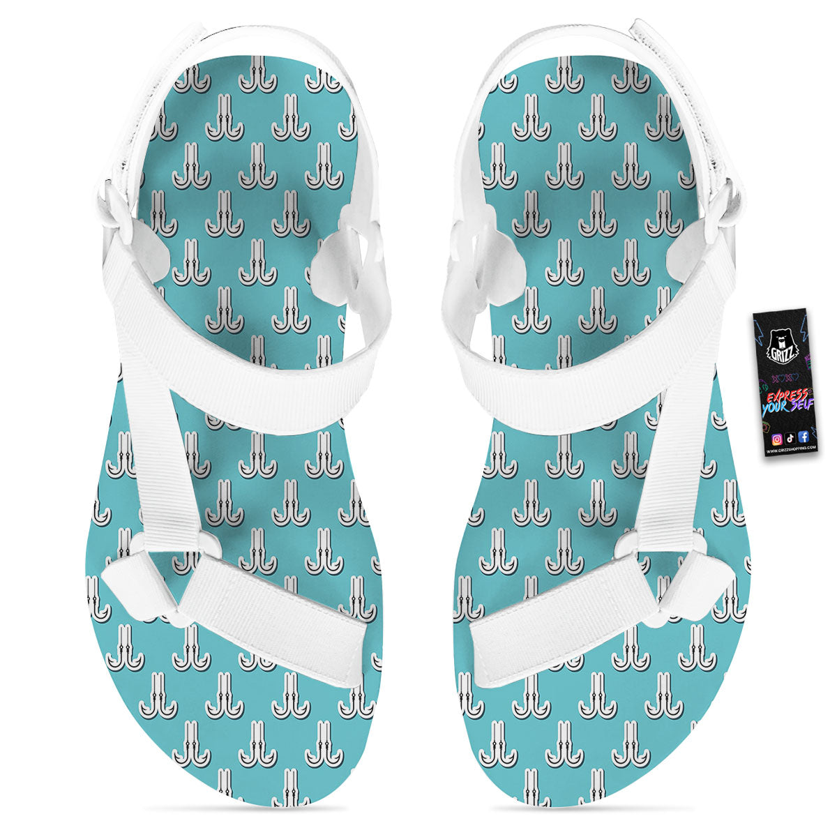 Blue Fish Hook Print Pattern White Open Toe Sandals-grizzshop