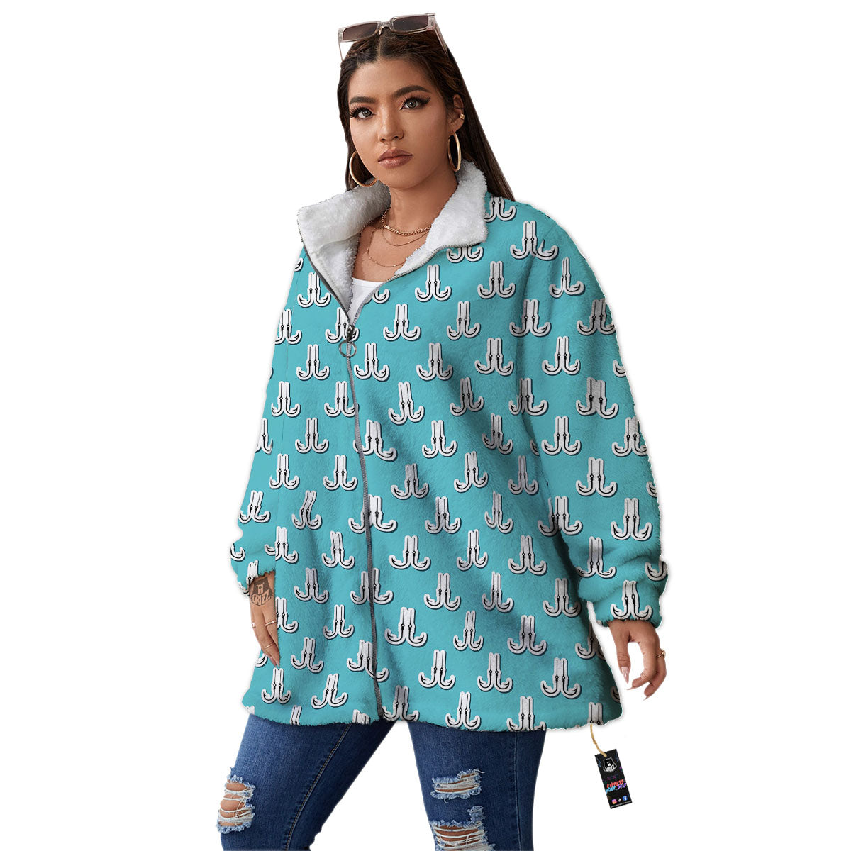Blue Fish Hook Print Pattern Women's Sherpa Jacket-grizzshop