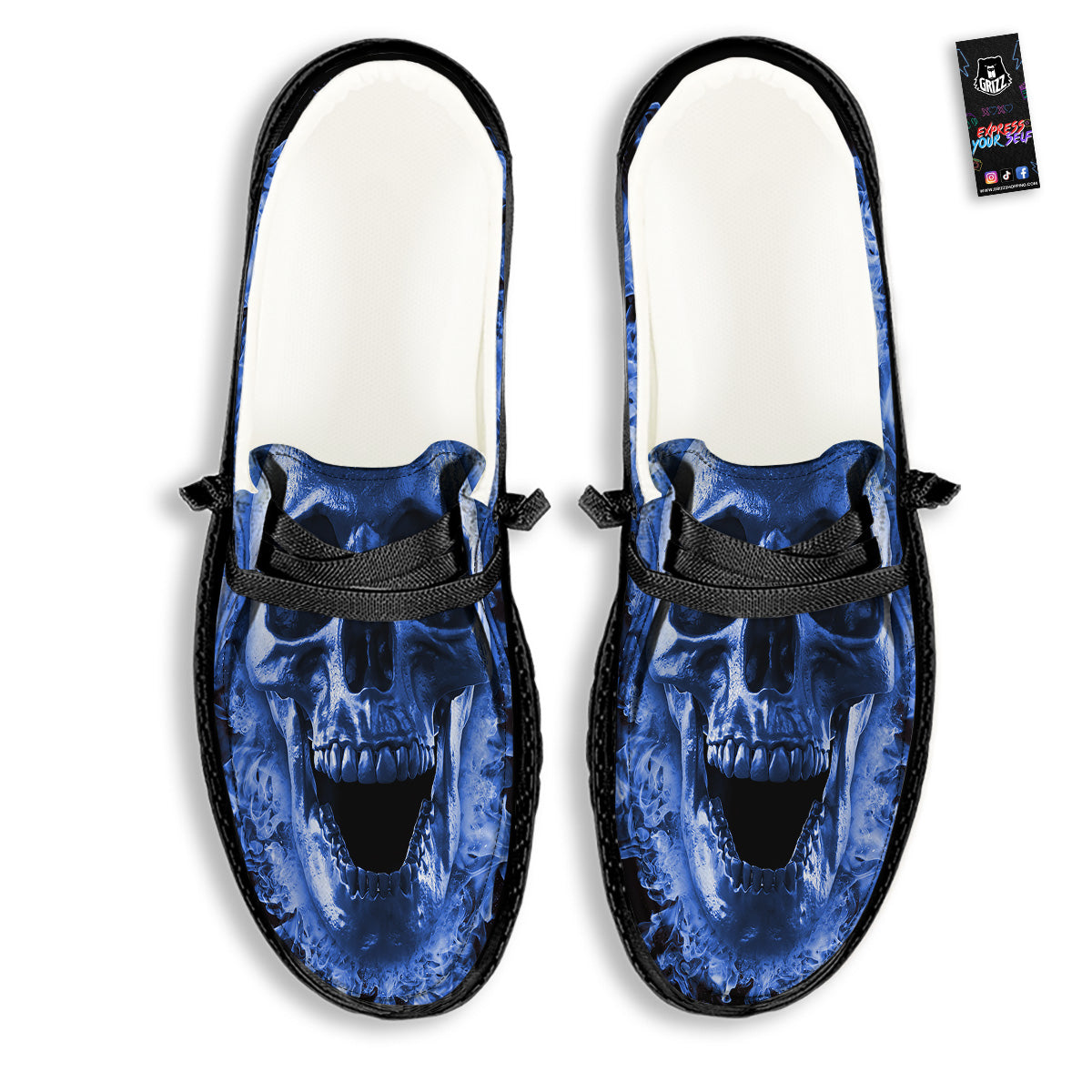 Blue Flaming Skull Print Black Loafers-grizzshop