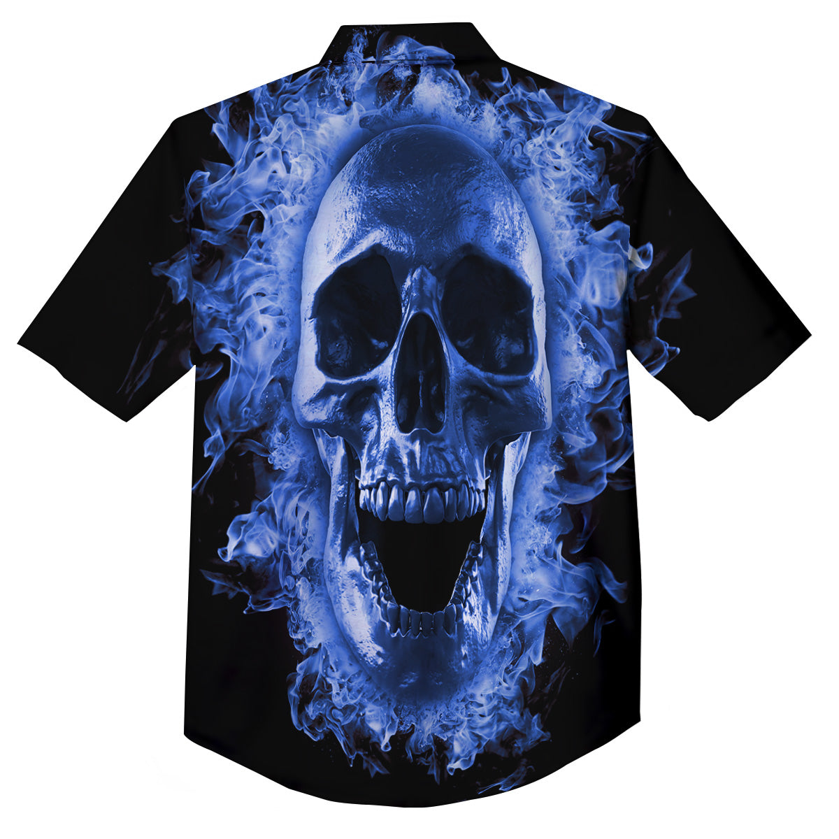 Blue Flaming Skull Print Button Up Shirt-grizzshop