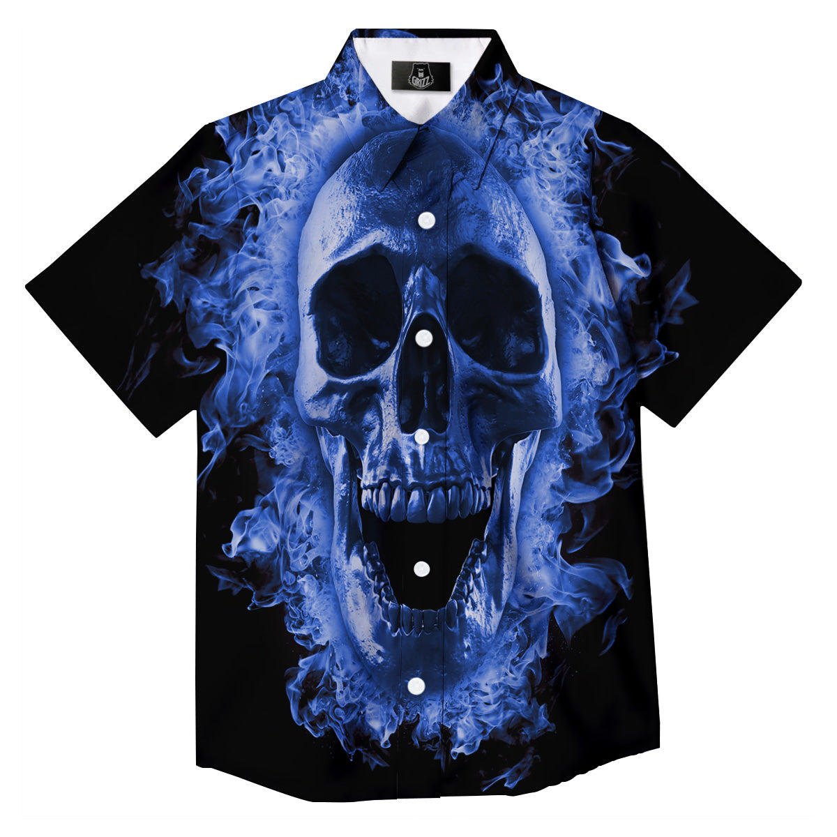 Blue Flaming Skull Print Button Up Shirt-grizzshop