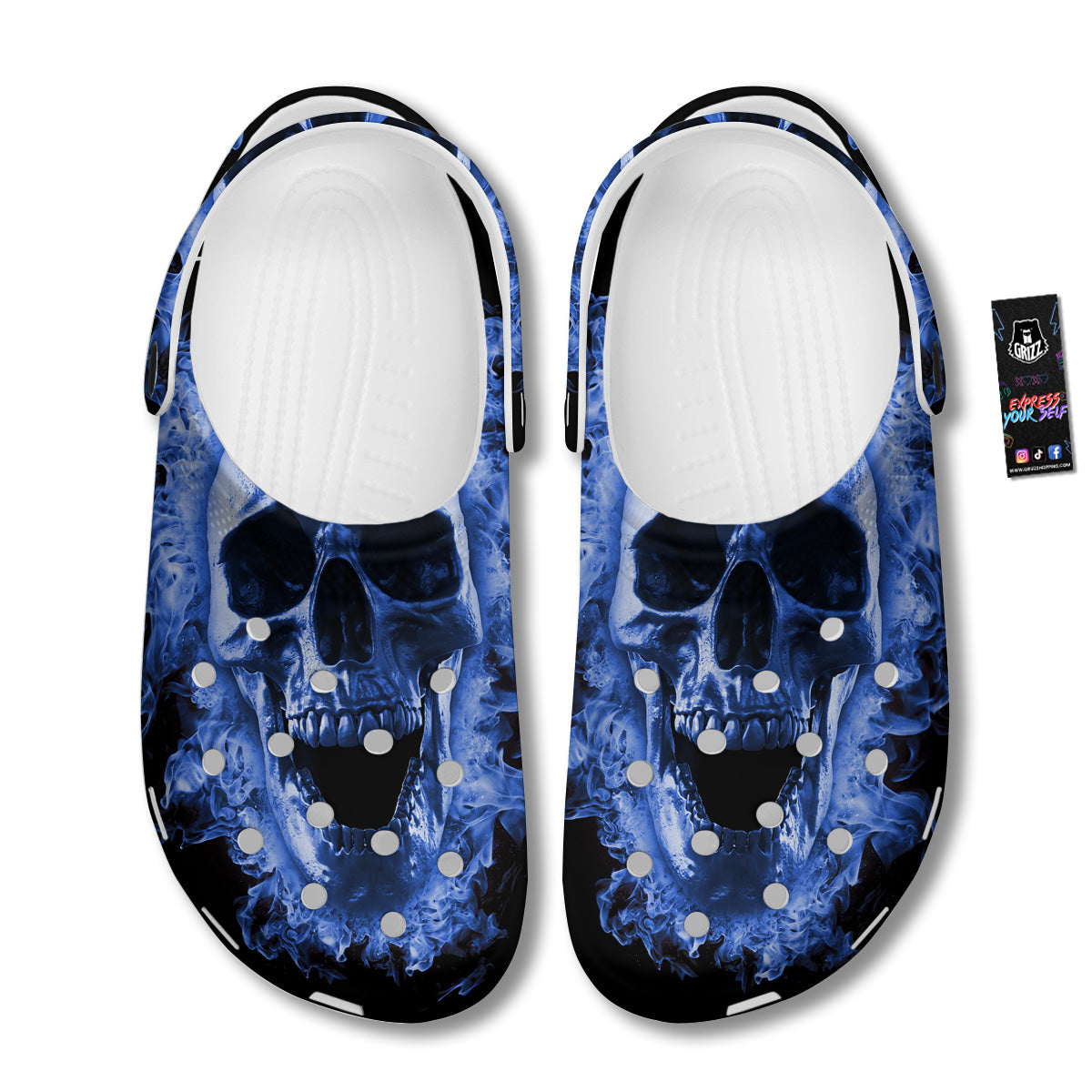 Blue Flaming Skull Print Clog-grizzshop