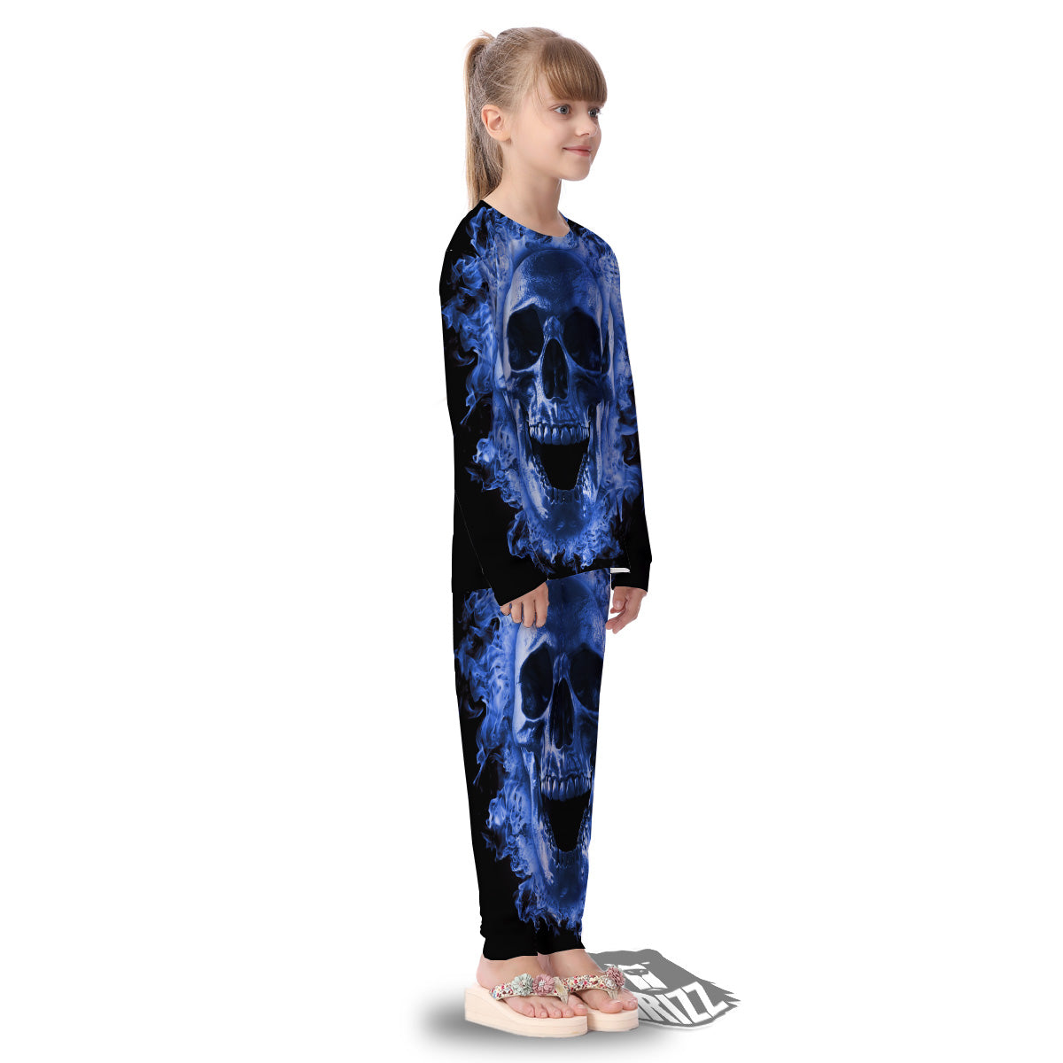 Blue Flaming Skull Print Kid's Pajamas-grizzshop