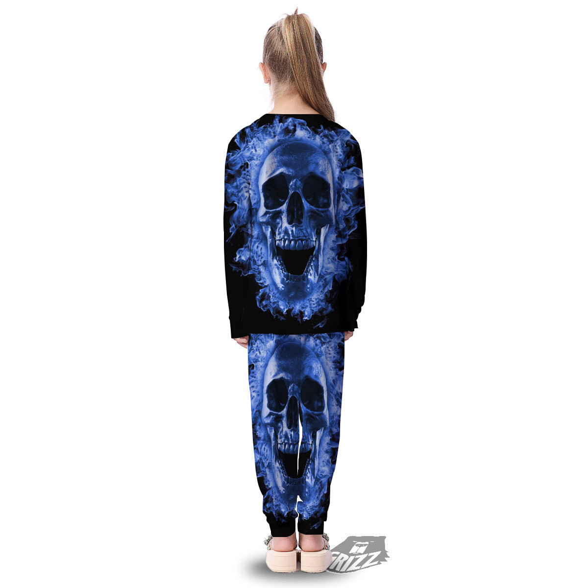 Blue Flaming Skull Print Kid's Pajamas-grizzshop