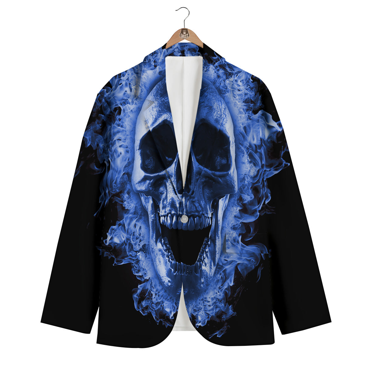 Blue Flaming Skull Print Men's Blazer-grizzshop