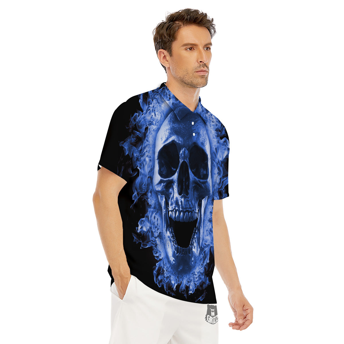 Blue Flaming Skull Print Men's Golf Shirts-grizzshop