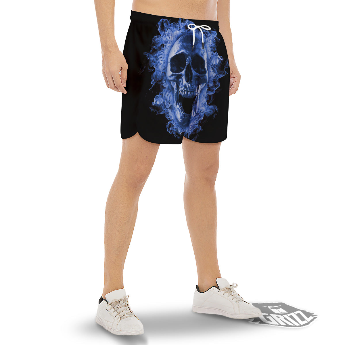 Blue Flaming Skull Print Men's Gym Shorts-grizzshop