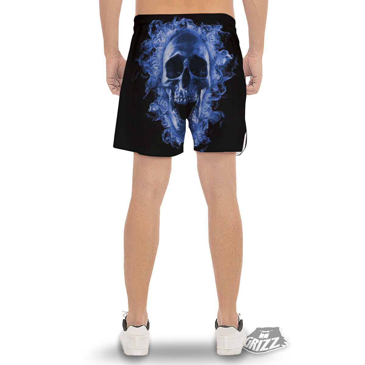 Blue Flaming Skull Print Men's Gym Shorts-grizzshop
