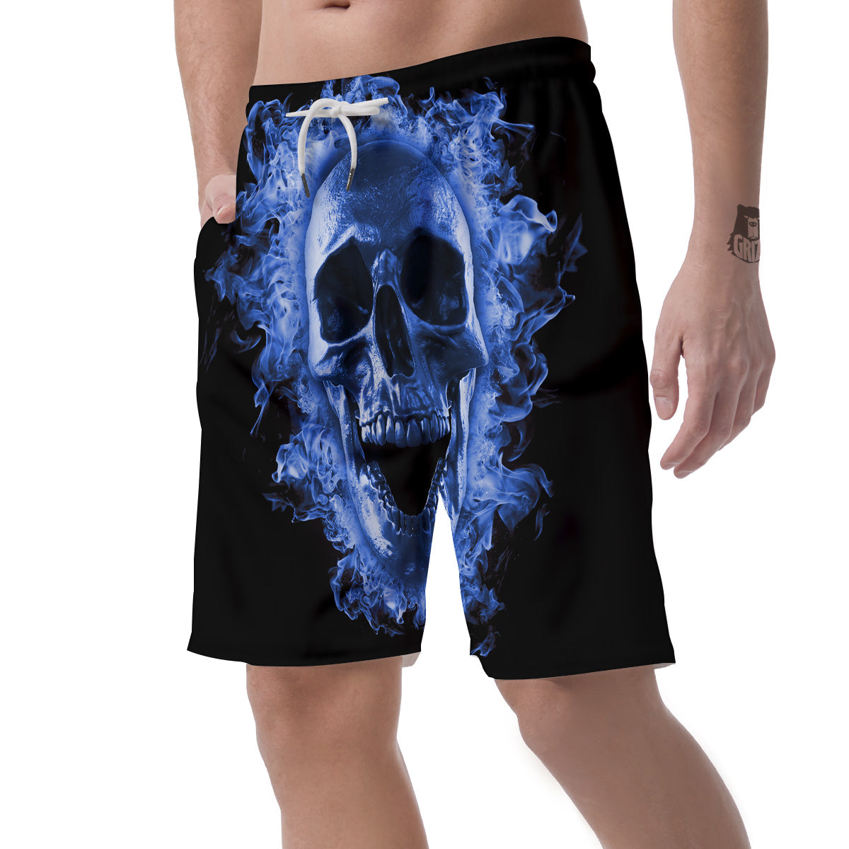 Blue Flaming Skull Print Men's Shorts-grizzshop