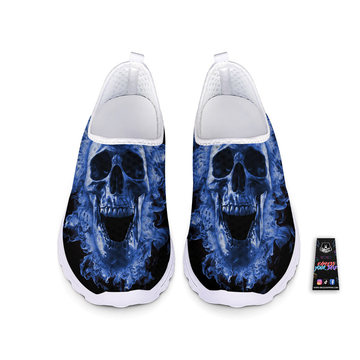 Blue Flaming Skull Print Nurse Shoes-grizzshop