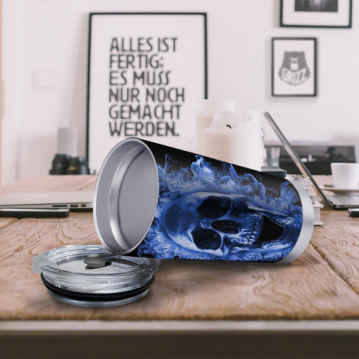 Blue Flaming Skull Print Tumbler-grizzshop