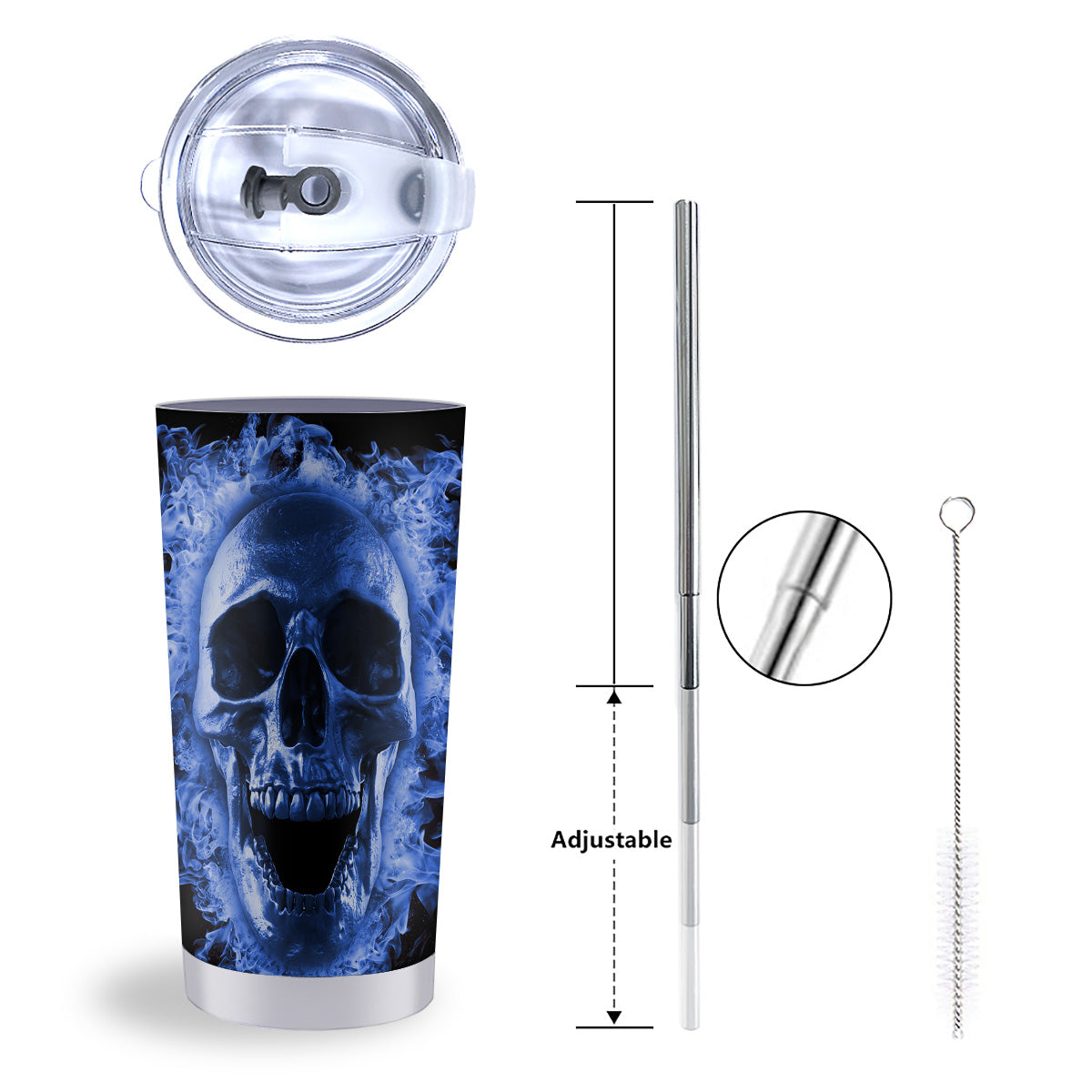 Blue Flaming Skull Print Tumbler-grizzshop