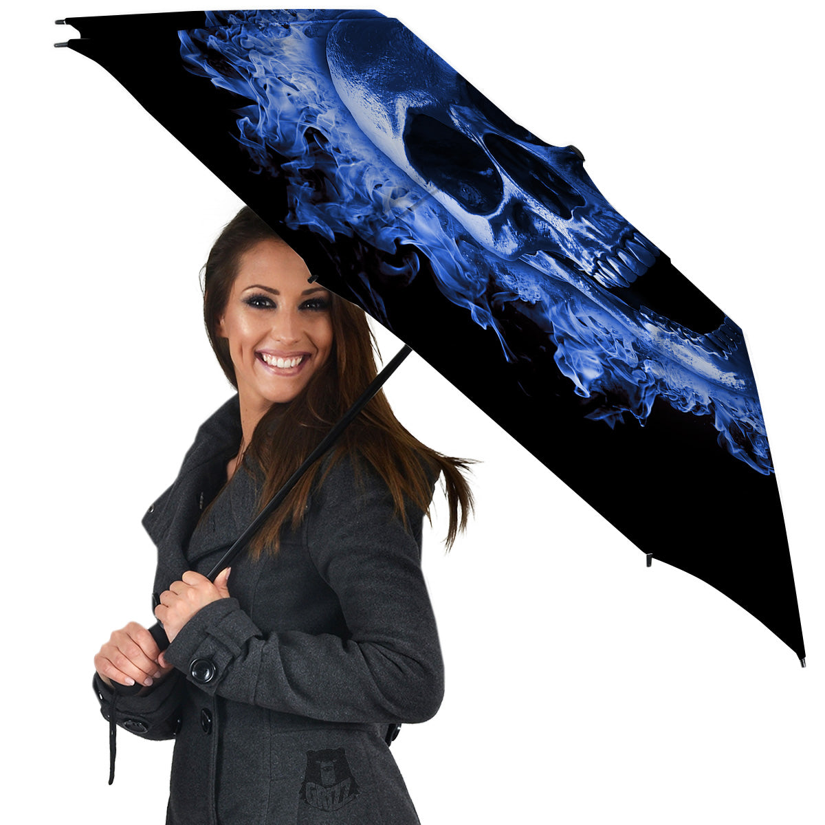 Blue Flaming Skull Print Umbrella-grizzshop
