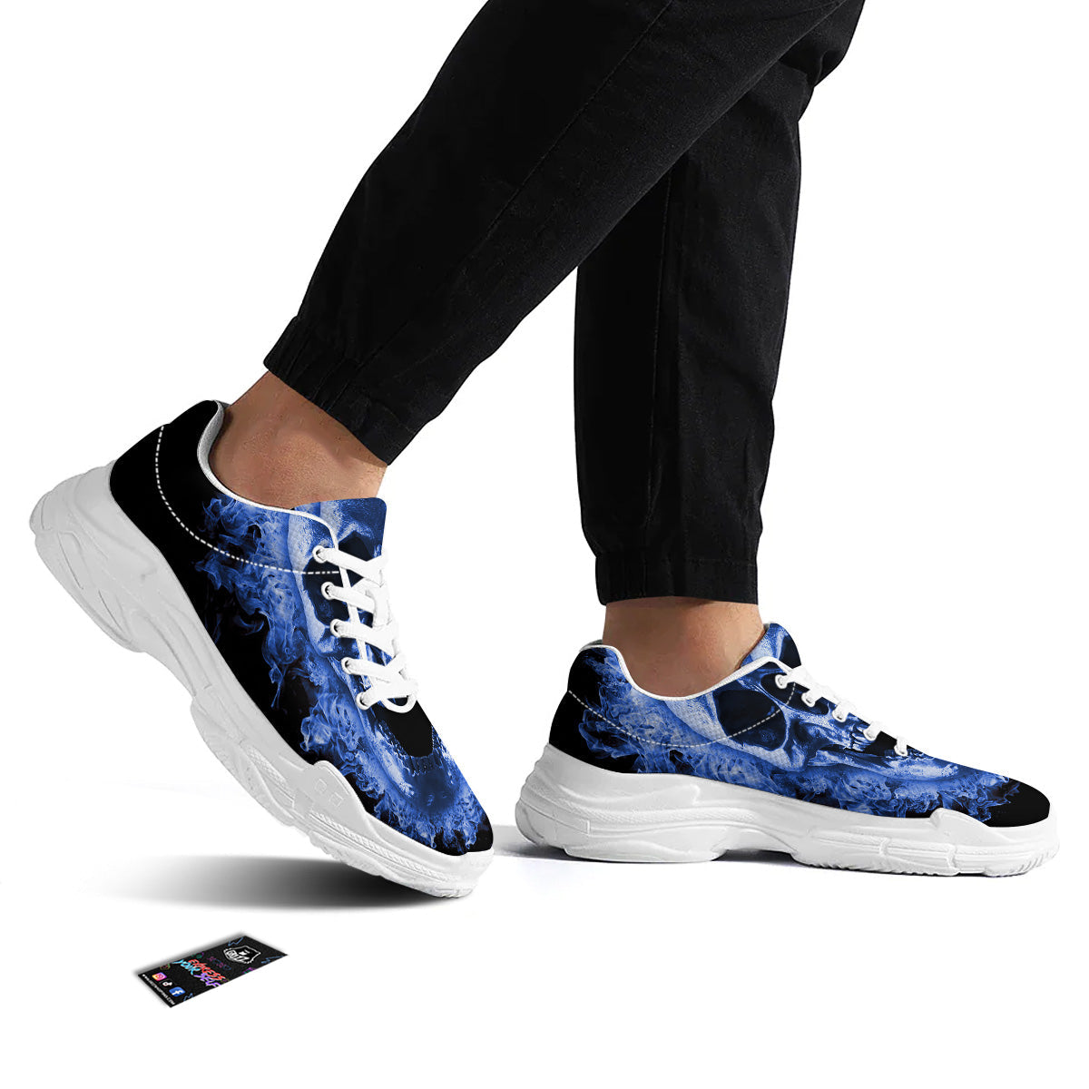 Blue Flaming Skull Print White Chunky Shoes-grizzshop