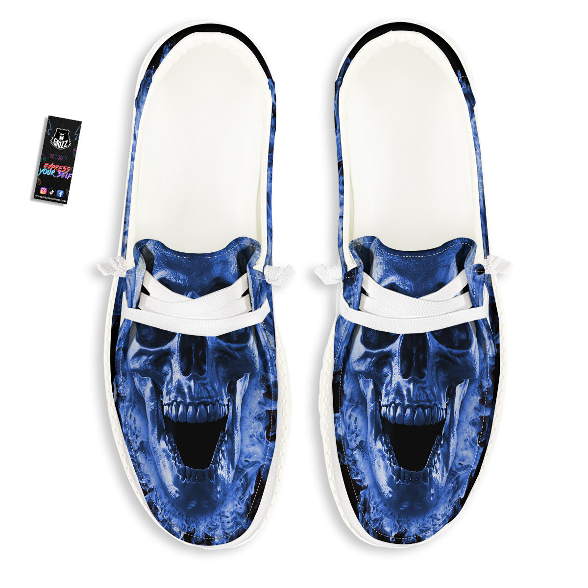 Blue Flaming Skull Print White Loafers-grizzshop