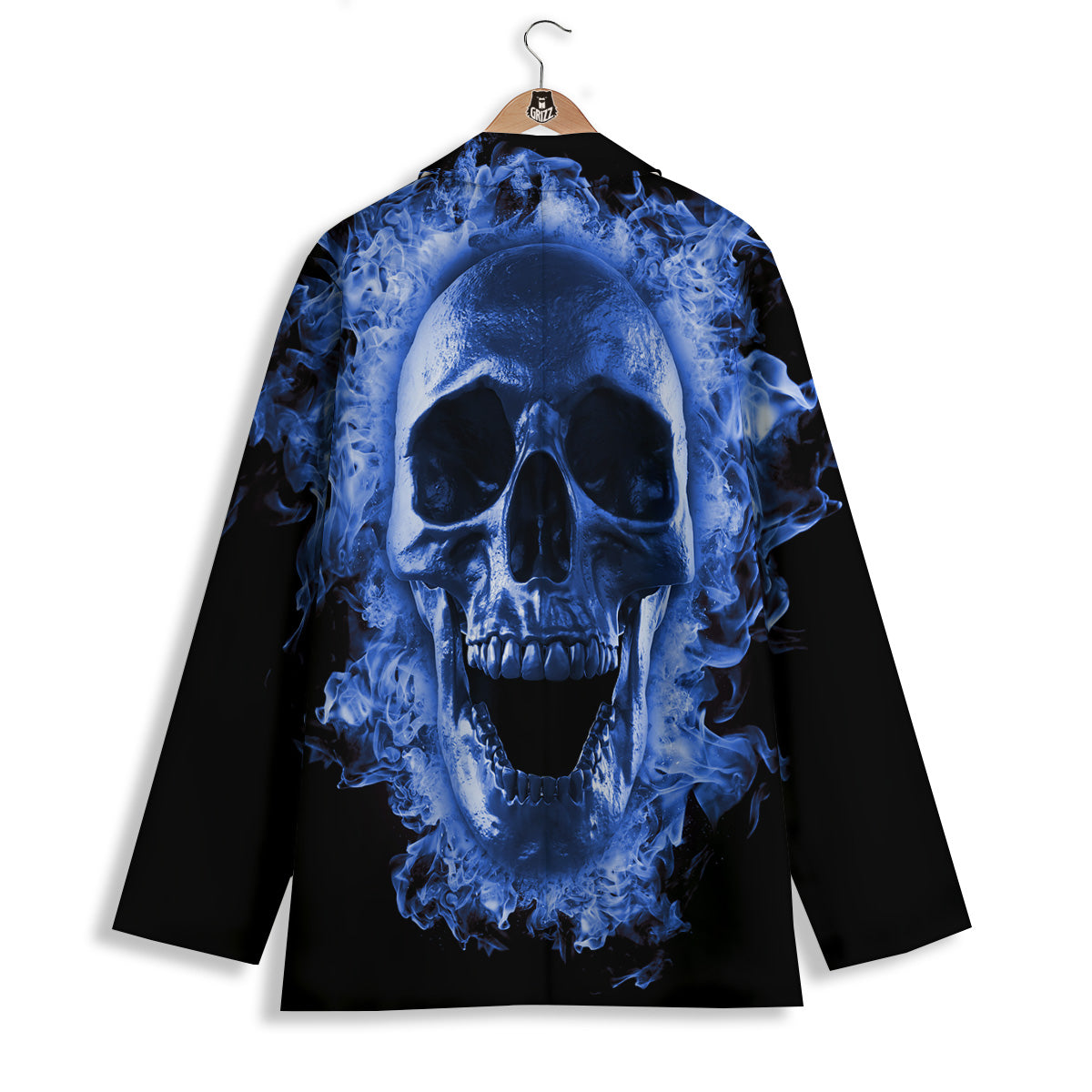 Blue Flaming Skull Print Women's Blazer-grizzshop