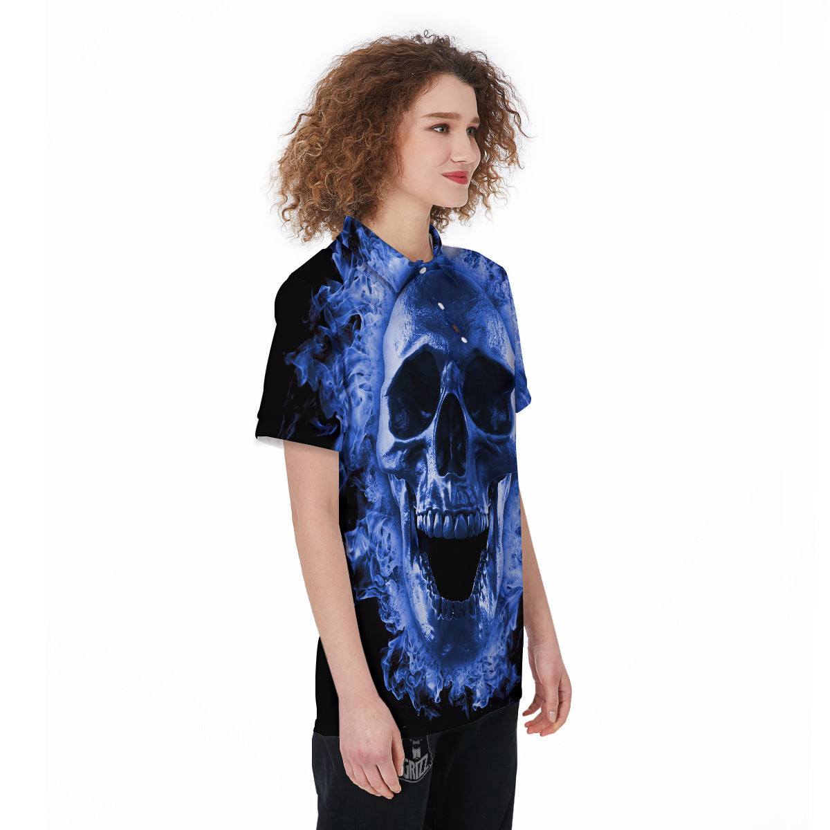 Blue Flaming Skull Print Women's Golf Shirts-grizzshop