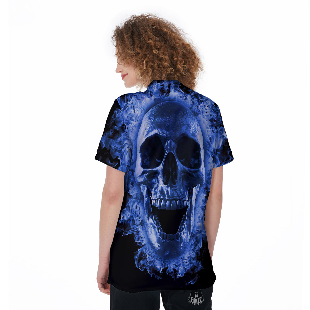 Blue Flaming Skull Print Women's Golf Shirts-grizzshop