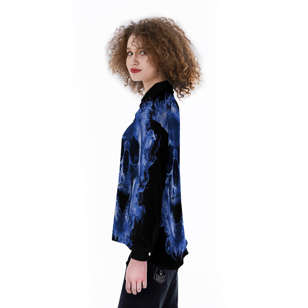 Blue Flaming Skull Print Women's Long Sleeve Shirts-grizzshop