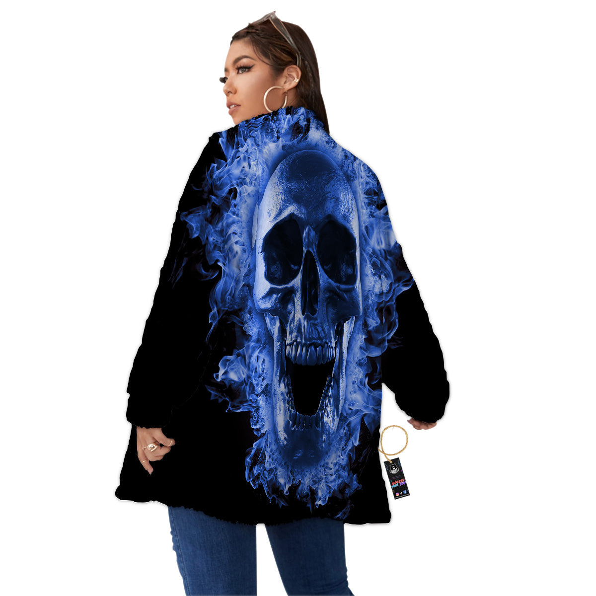 Blue Flaming Skull Print Women's Sherpa Jacket-grizzshop