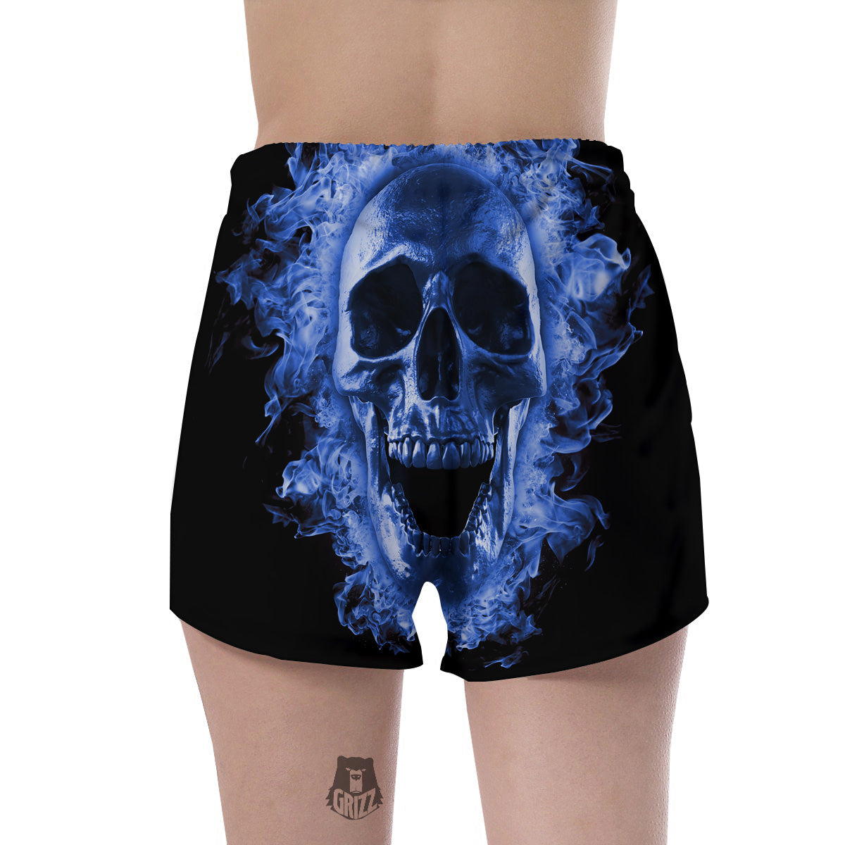 Blue Flaming Skull Print Women's Shorts-grizzshop