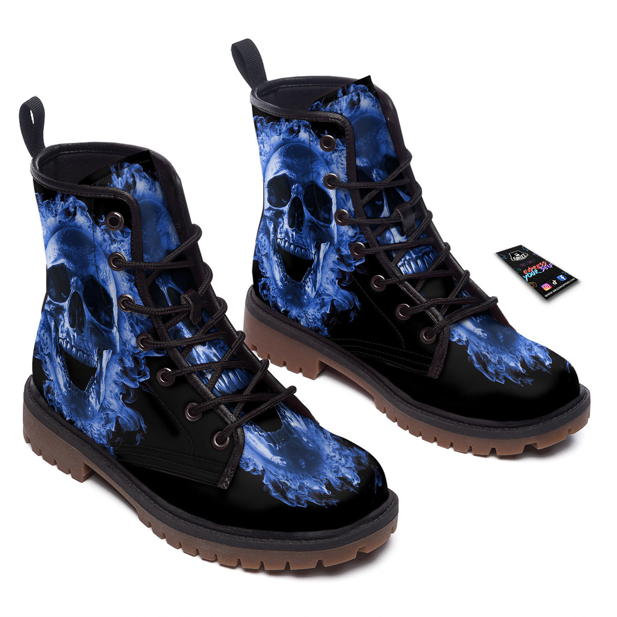 Blue Flaming Skull Print Work Boots-grizzshop