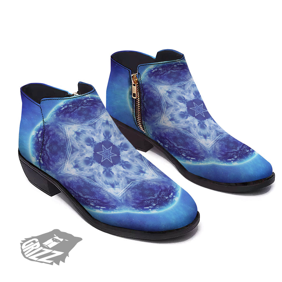 Blue Fractal Kaleidoscope Print Ankle Boots-grizzshop