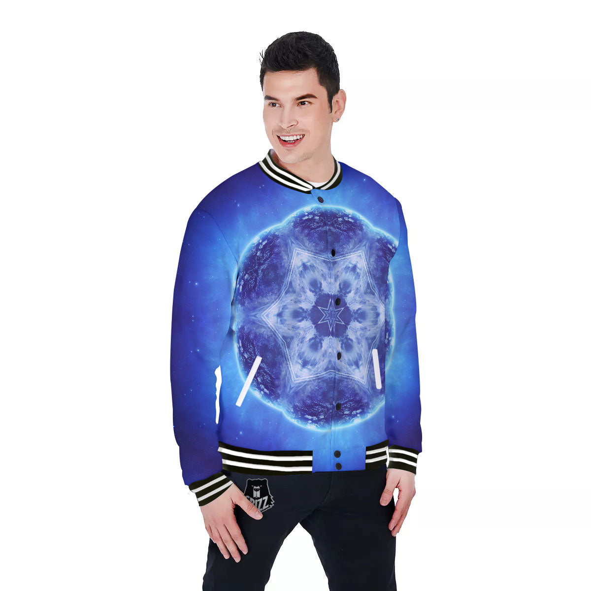 Blue Fractal Kaleidoscope Print Baseball Jacket-grizzshop