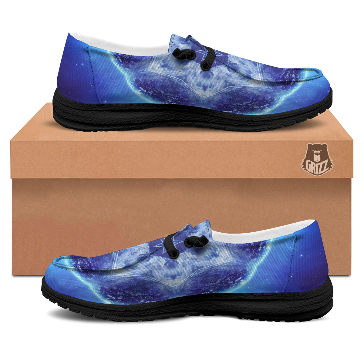 Blue Fractal Kaleidoscope Print Black Loafers-grizzshop