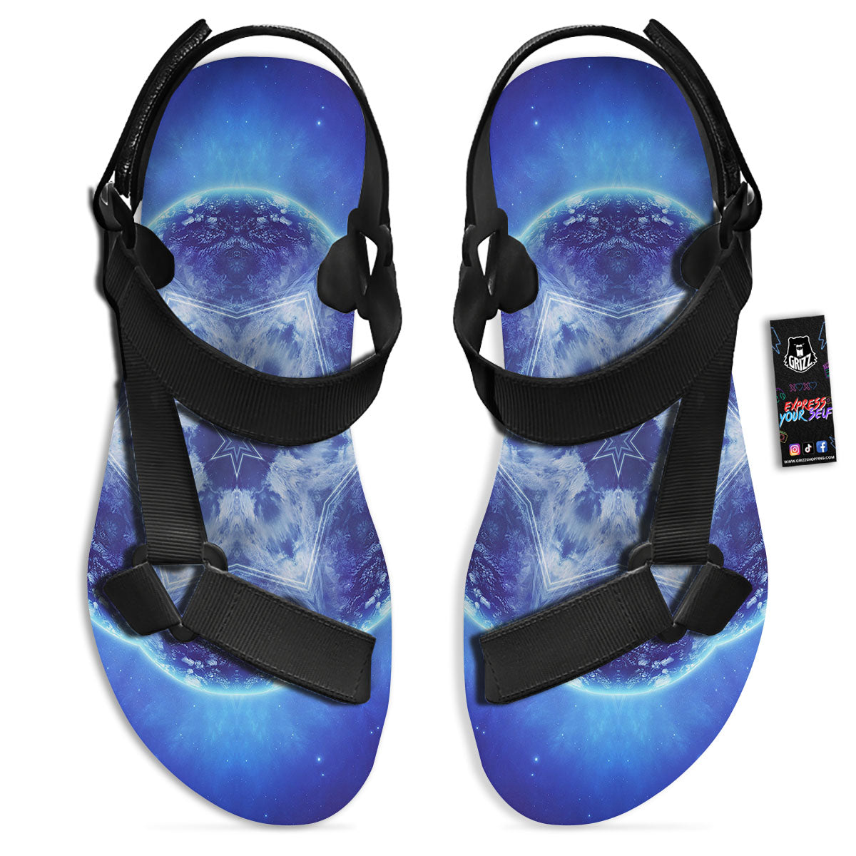 Blue Fractal Kaleidoscope Print Black Open Toe Sandals-grizzshop