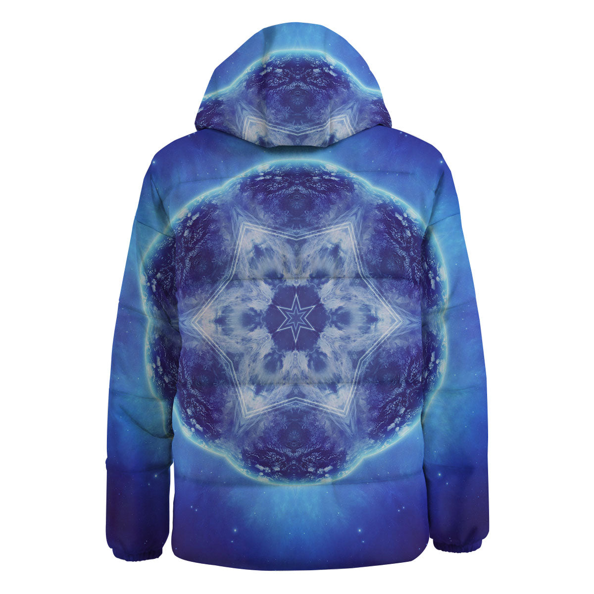 Blue Fractal Kaleidoscope Print Down Jacket-grizzshop