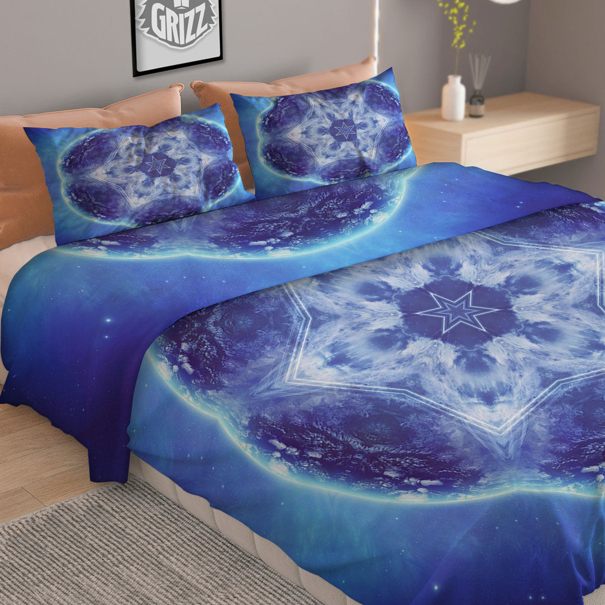 Blue Fractal Kaleidoscope Print Duvet Cover Bedding Set