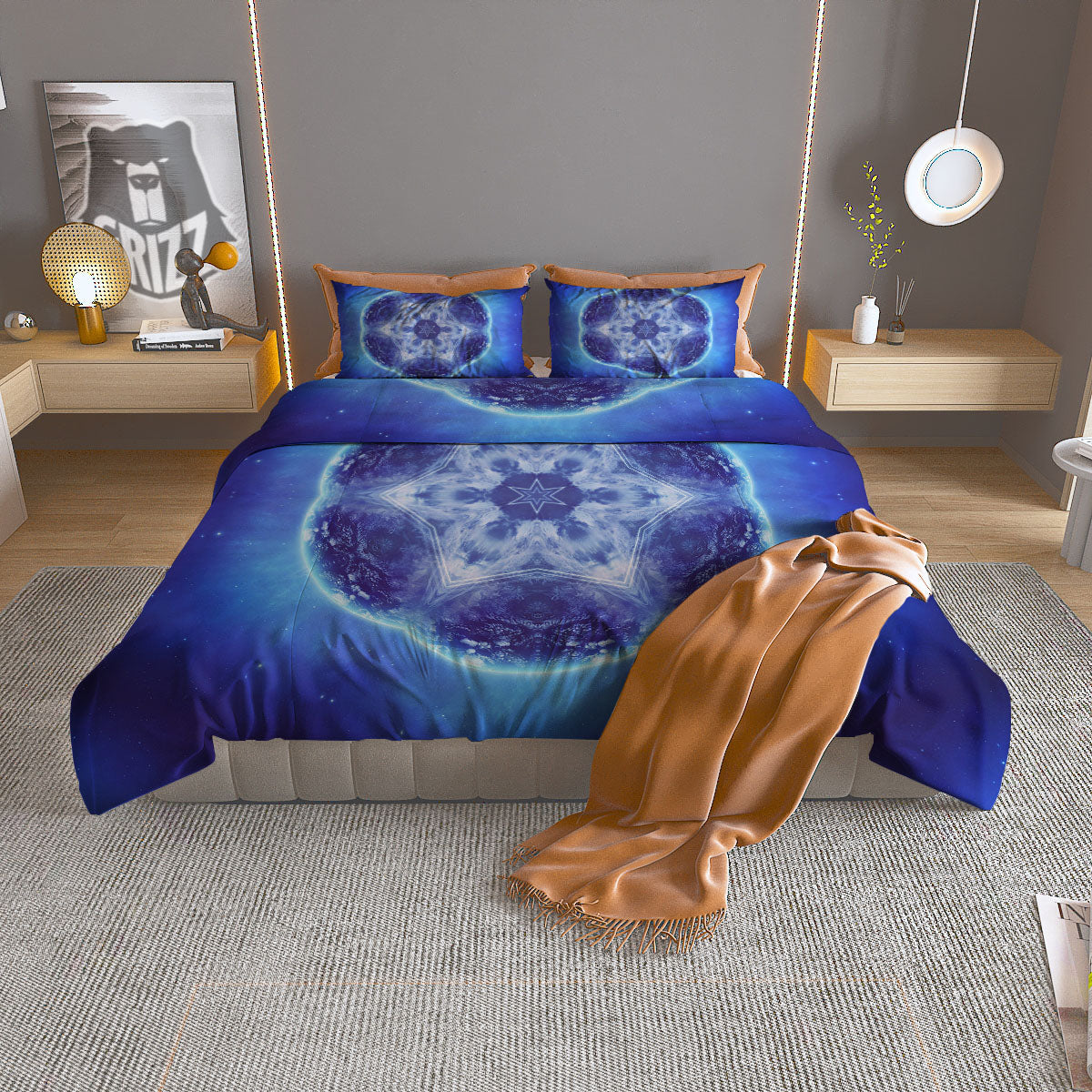 Blue Fractal Kaleidoscope Print Duvet Cover Bedding Set