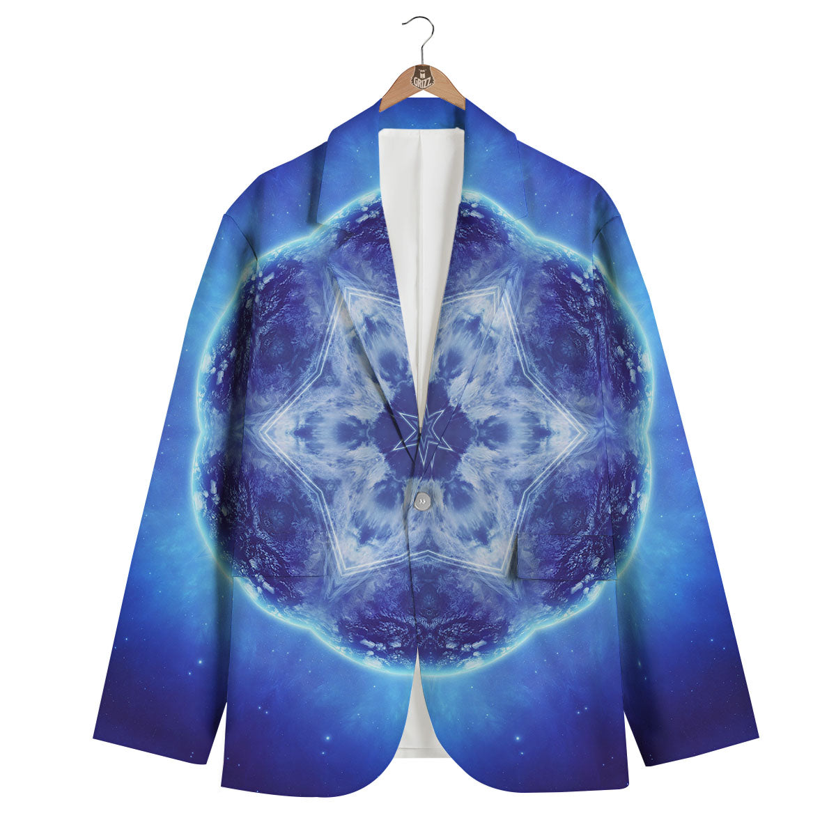 Blue Fractal Kaleidoscope Print Men's Blazer-grizzshop