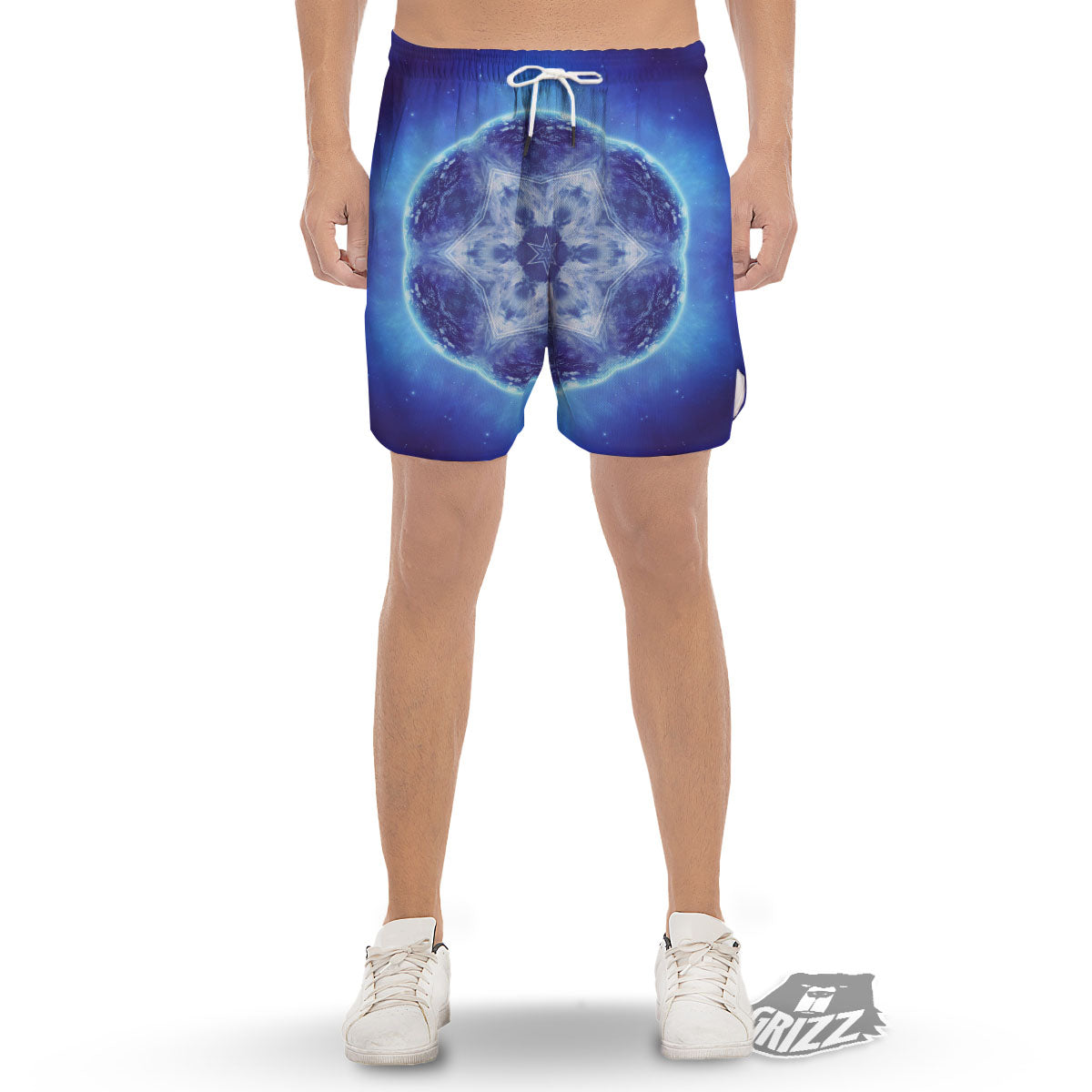 Blue Fractal Kaleidoscope Print Men's Gym Shorts-grizzshop