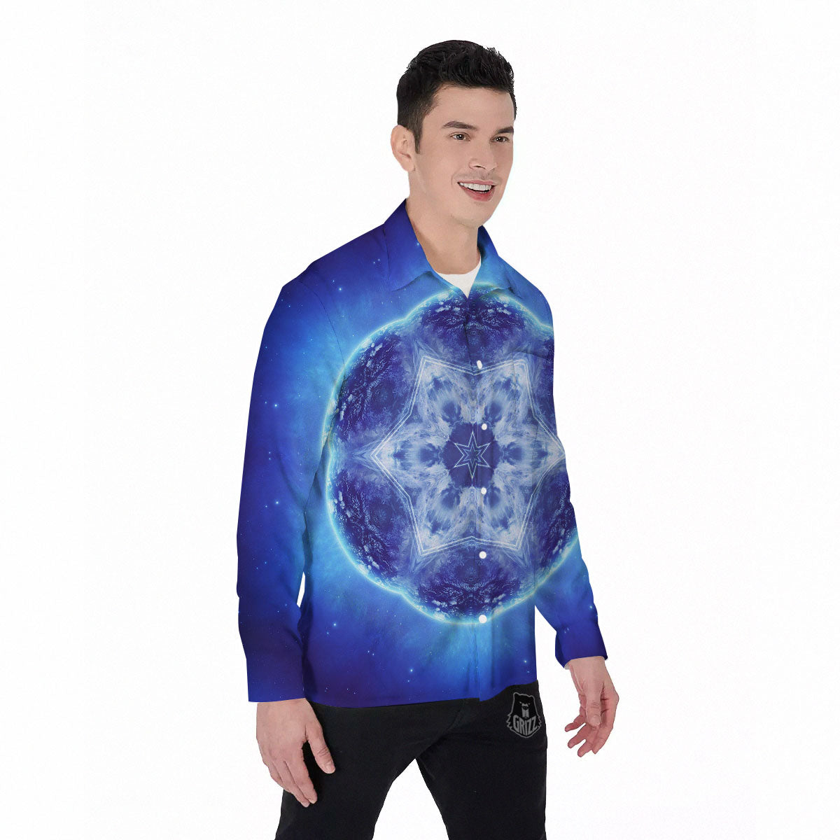 Blue Fractal Kaleidoscope Print Men's Long Sleeve Shirts-grizzshop