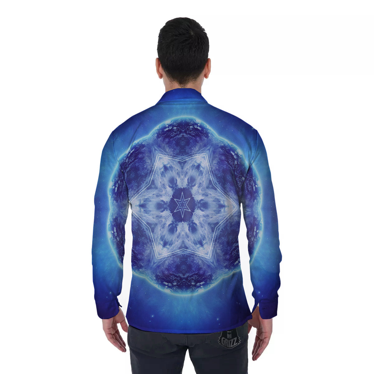 Blue Fractal Kaleidoscope Print Men's Long Sleeve Shirts-grizzshop