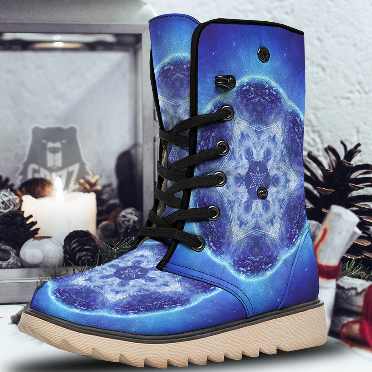Blue Fractal Kaleidoscope Print Snow Boots-grizzshop