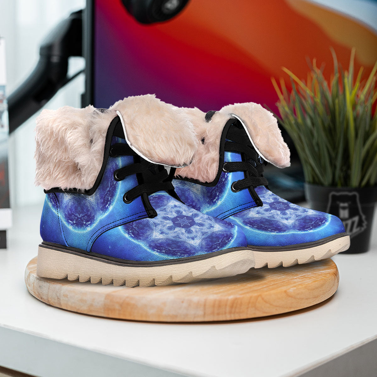 Blue Fractal Kaleidoscope Print Snow Boots-grizzshop