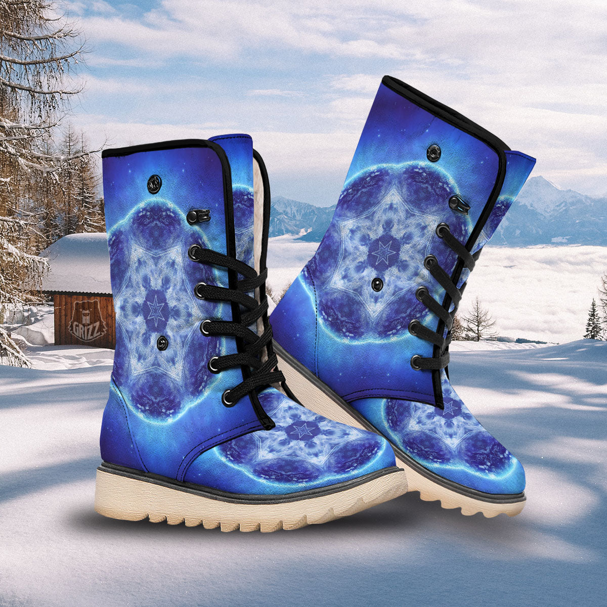 Blue Fractal Kaleidoscope Print Snow Boots-grizzshop