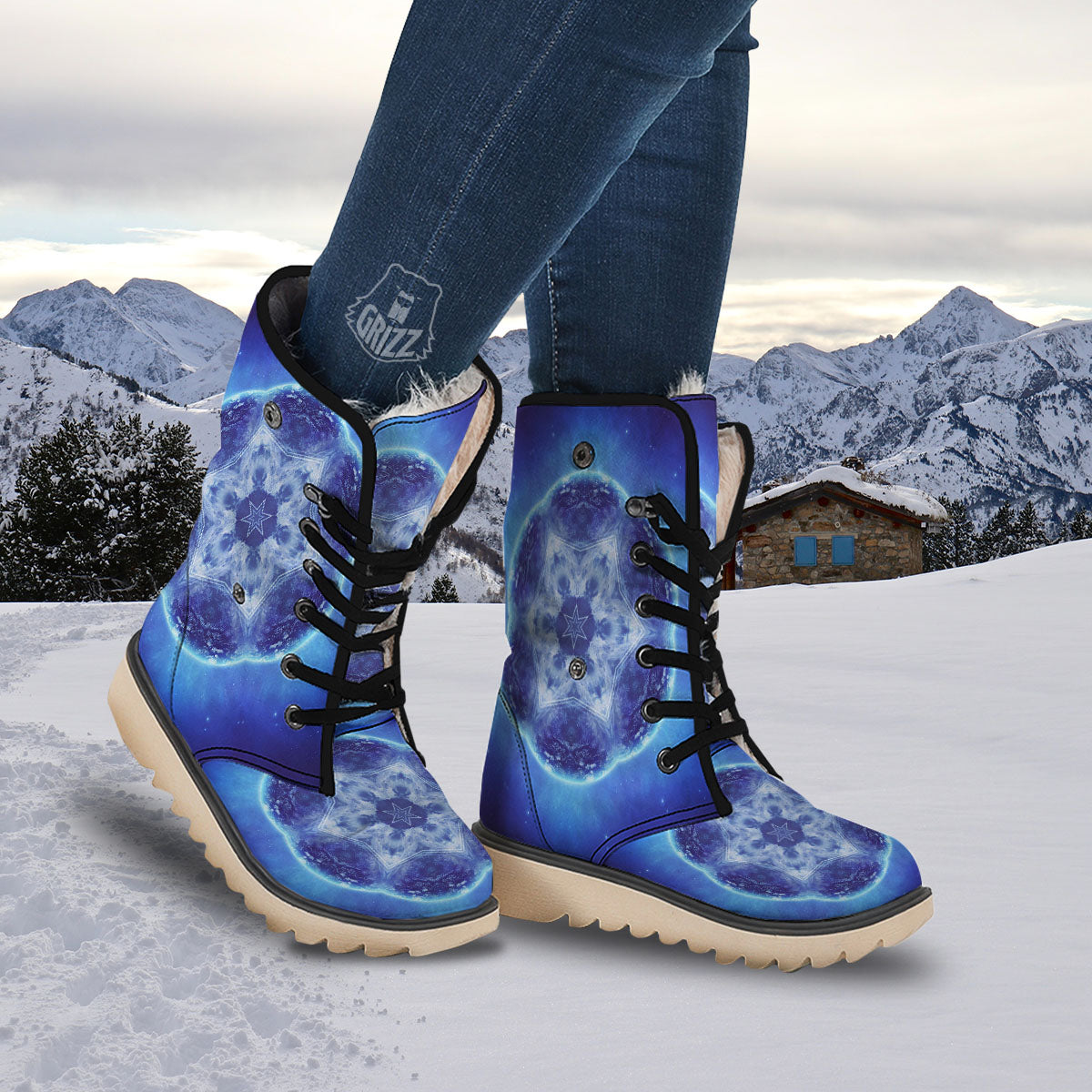 Blue Fractal Kaleidoscope Print Snow Boots-grizzshop