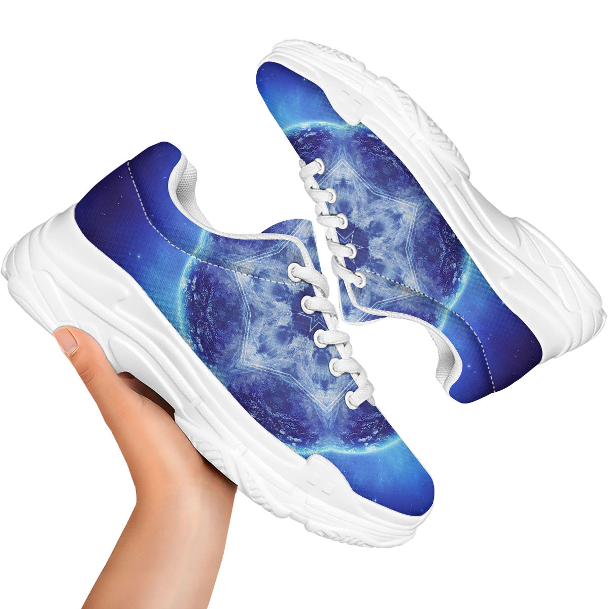 Blue Fractal Kaleidoscope Print White Chunky Shoes-grizzshop