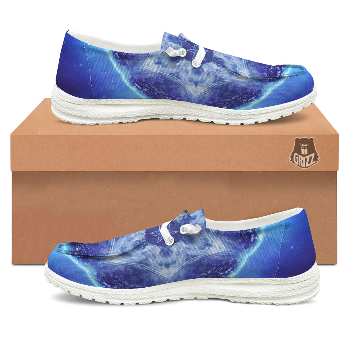Blue Fractal Kaleidoscope Print White Loafers-grizzshop
