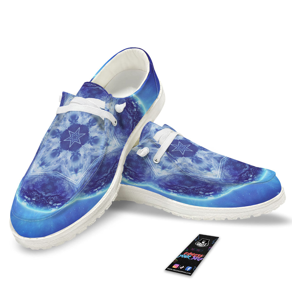 Blue Fractal Kaleidoscope Print White Loafers-grizzshop