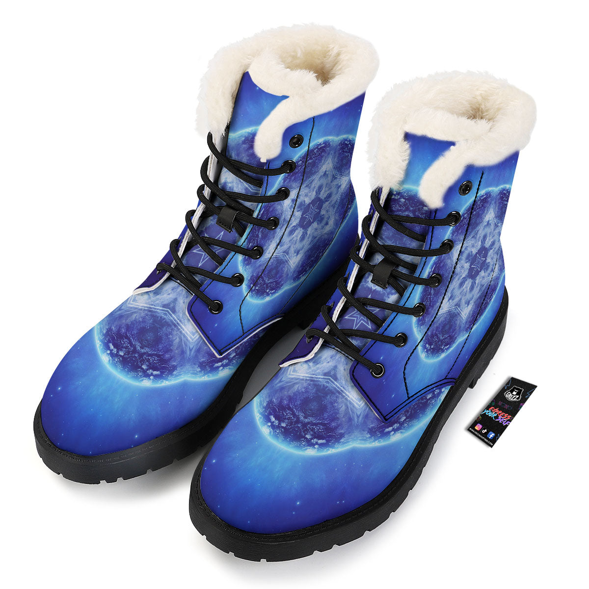 Blue Fractal Kaleidoscope Print Winter Boots-grizzshop