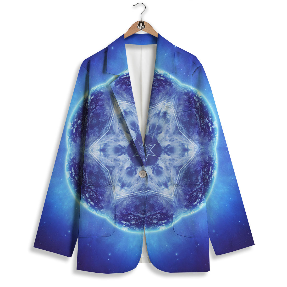 Blue Fractal Kaleidoscope Print Women's Blazer-grizzshop